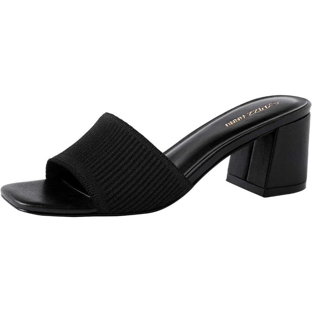 🆕Women Black Knit Square Open Toe Heels Sandals Low Block Chunky Heeled Sandal